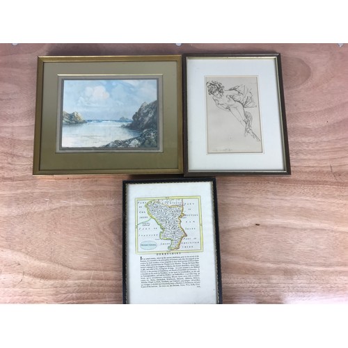 66 - PETER WELLS, 2 SMALL WATER COLOURS TOGETHER WITH 2 PRINTS AND A MAP