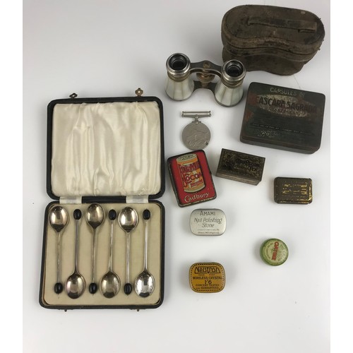 355 - MISC. ITEMS INCLUDING OPERA GLASSES, A CASED PLATED COFFEE SPOONS, OLD TINS, WW2 MEDAL, ETC.