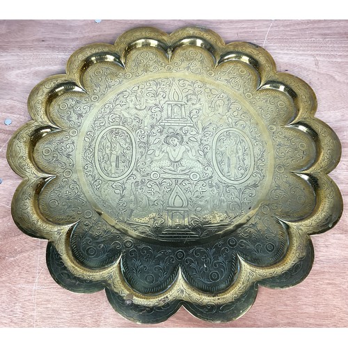 283 - LOBED INDIAN BRASS TRAY FROM TRAY TOP TABLE APPROX 63CM