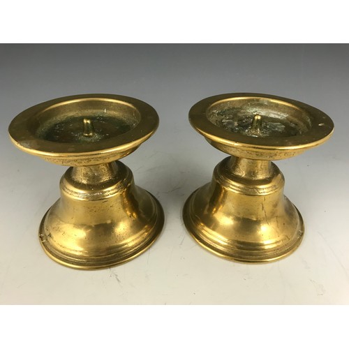 282 - 2 PAIRS OF BRASS CANDLESTICKS & A PAIR OF HEAVY BRASS PRIKET CANDLESTICKS