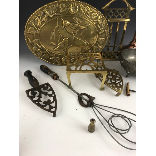 286 - METALWARE INC TRIVETS, WASH DOLLY, BRASS BIRD PLAQUE , CORKSCREW , CLIP ETC