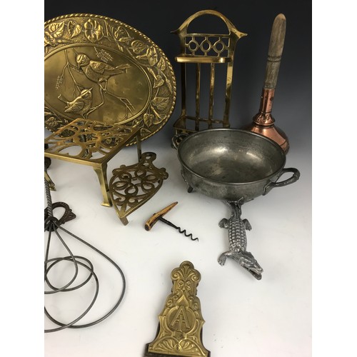 286 - METALWARE INC TRIVETS, WASH DOLLY, BRASS BIRD PLAQUE , CORKSCREW , CLIP ETC