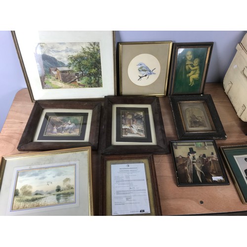 82 - DOME TOP METAL BOX AND CONTENTS INC. FRAMES, FRAMED PRINTS, PETER CHALLEN WATERCOLOUR ETC.