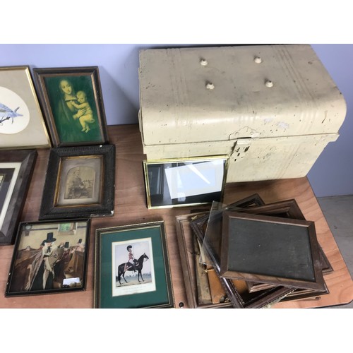 82 - DOME TOP METAL BOX AND CONTENTS INC. FRAMES, FRAMED PRINTS, PETER CHALLEN WATERCOLOUR ETC.