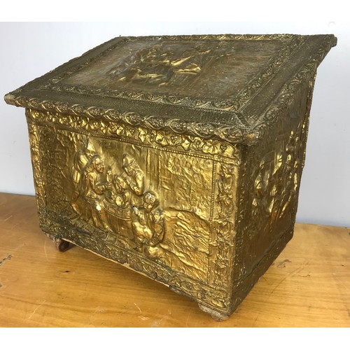 284 - EMBOSSED  DECORATED BRASS  COAL BOX 51cm LONG