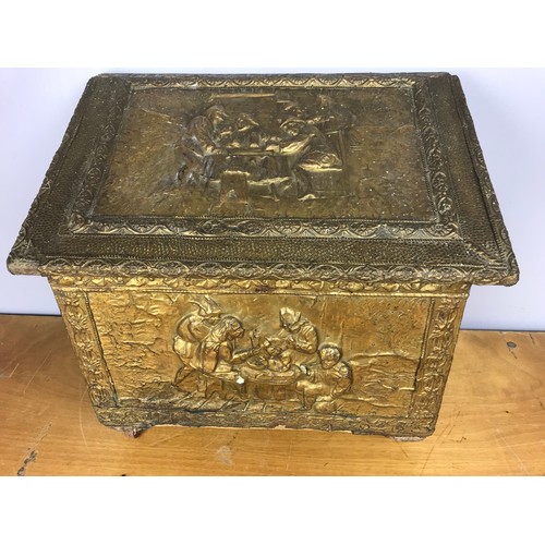 284 - EMBOSSED  DECORATED BRASS  COAL BOX 51cm LONG