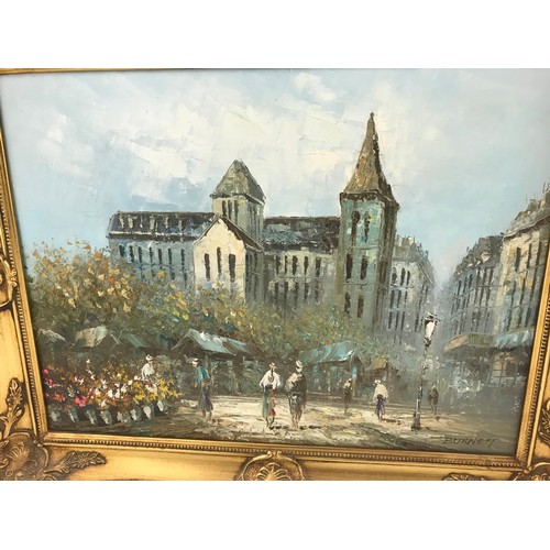 24 - 3 TYPICAL BURNETT OIL PAINTINGS DEPICTING THE PARISIENNE STREET SCENES, ETC