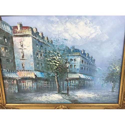 24 - 3 TYPICAL BURNETT OIL PAINTINGS DEPICTING THE PARISIENNE STREET SCENES, ETC