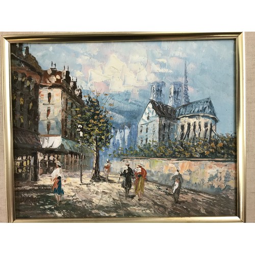 24 - 3 TYPICAL BURNETT OIL PAINTINGS DEPICTING THE PARISIENNE STREET SCENES, ETC