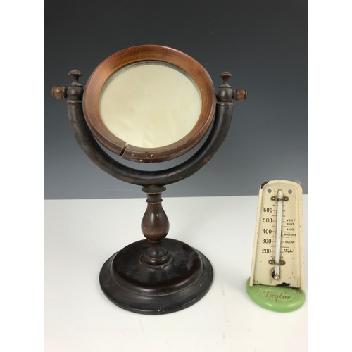 90 - CIRCULAR MIRROR ON A STAND WITH A TAYLOR TIN THERMOMETER