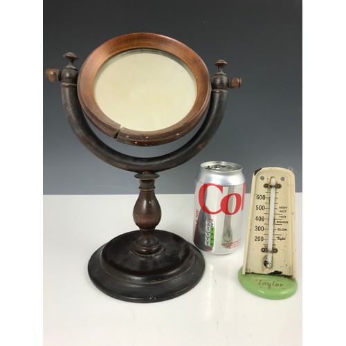 90 - CIRCULAR MIRROR ON A STAND WITH A TAYLOR TIN THERMOMETER