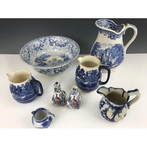 171 - MISC. BLUE AND WHITE WARE INCLUDING JUG AND BOWL SET, VARIOUS JUGS