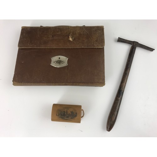 331 - MISC. ITEMS INCUDING A FOLDING LEATHER TRAVEL VANITY CASE, UPHOLSTERY HAMMER, MAUCHLINE WARE BOX,