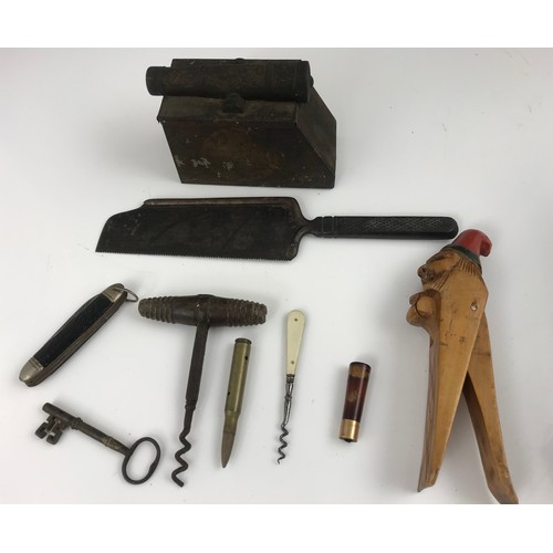 315 - MISC ITEMS INCLUDING A BONE SAW, A FOLDING PEN KNIFE, CORK SCREW, CIGARETTE HOLDER WTH GOLD BAND, NO... 