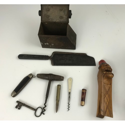 315 - MISC ITEMS INCLUDING A BONE SAW, A FOLDING PEN KNIFE, CORK SCREW, CIGARETTE HOLDER WTH GOLD BAND, NO... 