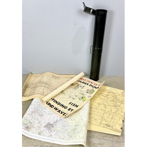 337 - A BLACK JAPANNED TIN MILITARY CHART/ MAP TUBE WITH MISC. CONTENTS