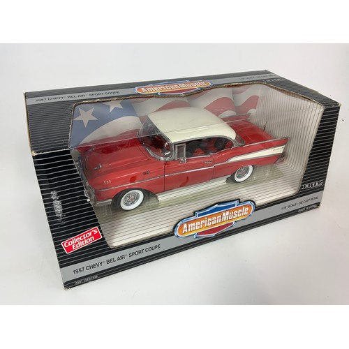 181 - ERTL, 2 BOXED AMERICAN MUSCLE BOXED CARS, 1963 CORVETTE STING RAY, & A 1957 CHEVY BEL AIR SPORT COUP... 