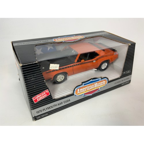 182 - 2 BOXED AMERICAN MUSCLE CARS, BY ERTL, 1:18 SCALE, 1969 PONTIAC GTO JUDGE, & A 1970 PLYMOUTH AAR ‘CU... 