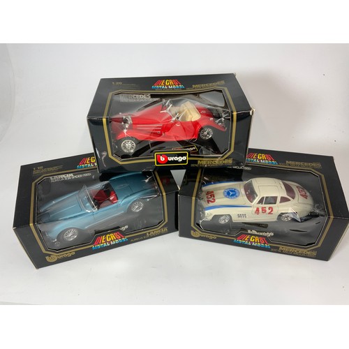 186 - 3 BLACK BOXED BURAGO 1:18 MODEL CARS, LANCIA AURELIA B24 SPIDER 1955, 3010, MERCEDES 300SL MILLE MIG... 