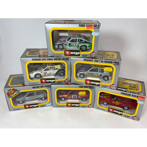 187 - BURAGO, 6 GREY & YELLOW BOXED MODELS, 1:24 SCALE, PORSCHE 935 MOMO, 0184, FIAT UNO RALLY 0109, FORD ... 