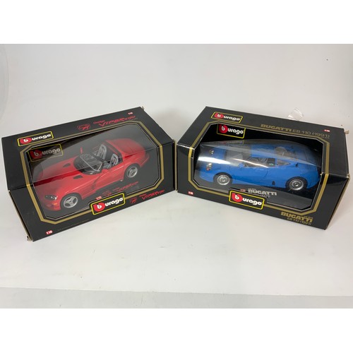 188 - TWO BLACK BOXED BURAGO MODELS, DODGE VIPER RT/10, 1992 3025 & BUGATTI EB 1991 3035, BOTH 1:18 SCALE