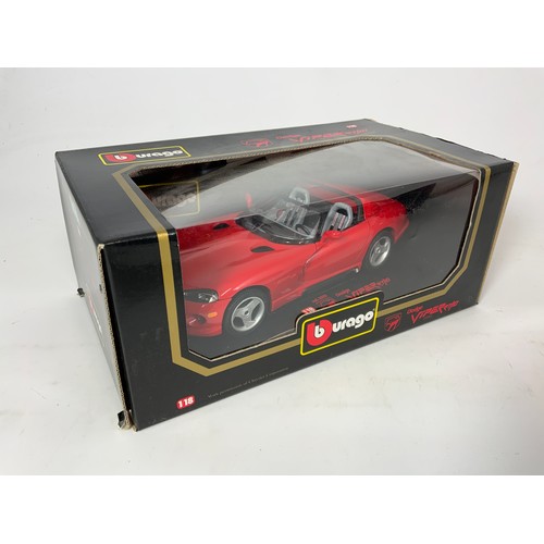 188 - TWO BLACK BOXED BURAGO MODELS, DODGE VIPER RT/10, 1992 3025 & BUGATTI EB 1991 3035, BOTH 1:18 SCALE