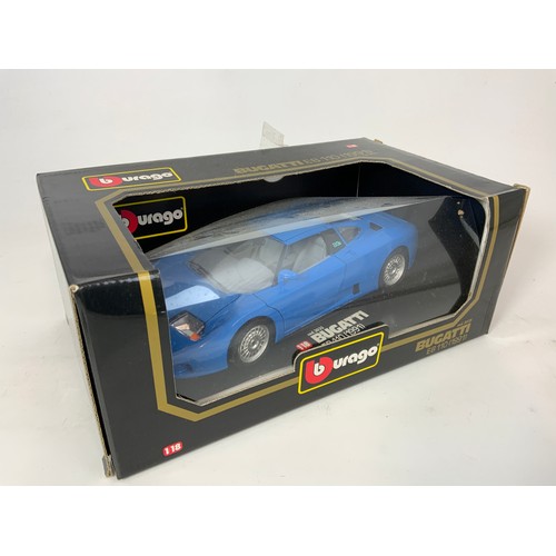 188 - TWO BLACK BOXED BURAGO MODELS, DODGE VIPER RT/10, 1992 3025 & BUGATTI EB 1991 3035, BOTH 1:18 SCALE