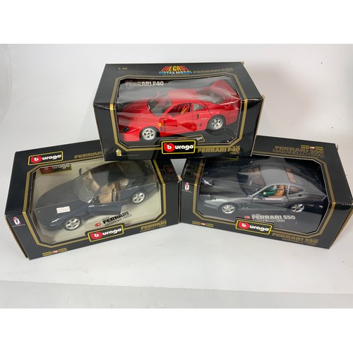 190 - 3 BLACK BOXED BURAGO CARS, FERRARI 456GT 1992, 3036, FERRARI F40 1987 3032, FERRARI 550 MARANELLO 19... 