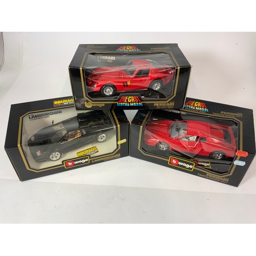 191 - BURAGO, 3 BOXED 1:18 SCALE MODELS, BLACK BOX, FERRARI 250 GTO, 3011, FERRARI TESTAROSSA 1984 3019, &... 