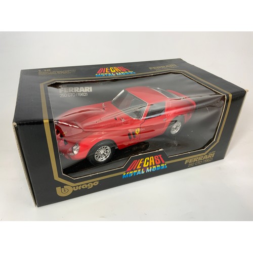 191 - BURAGO, 3 BOXED 1:18 SCALE MODELS, BLACK BOX, FERRARI 250 GTO, 3011, FERRARI TESTAROSSA 1984 3019, &... 