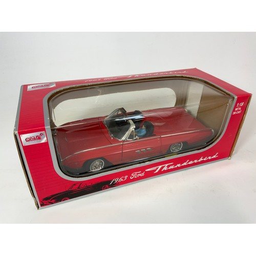 193 - 2 BOXED ANSON, 1:18 SCALE BOXED MODEL CARS, 1947 CARILLAC SERIES 62, & 1963 FORD THUNDERBIRD.