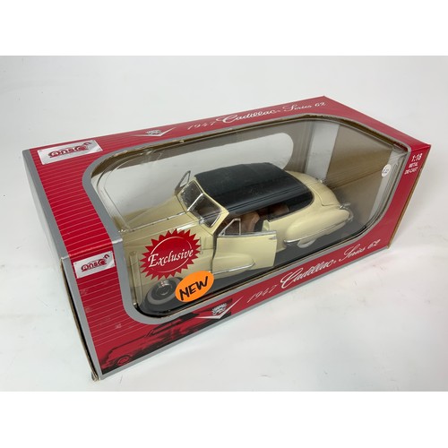 193 - 2 BOXED ANSON, 1:18 SCALE BOXED MODEL CARS, 1947 CARILLAC SERIES 62, & 1963 FORD THUNDERBIRD.