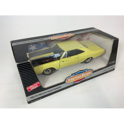 194 - AMERICAN MUSCLE, 2 BOXED 1:18 SCALE CARS, 1969 CAMARO Z/28, & 1969 PLYMOUTH ROAD RUNNER, ERTL MAKE.