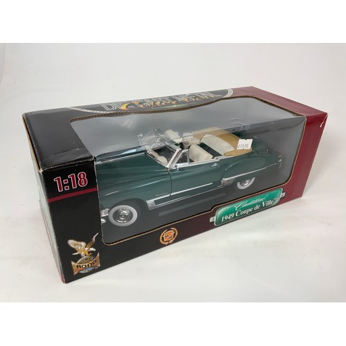 196 - TWO ROAD, BOXED, 1:18 SCALE MODELS, 1963 CHRYSLER TURBINE & CADILLAC 1949 COUPE DE VILLE, BOTH BOXED... 