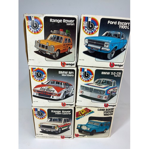 198 - BURAGO, 6 WHITE EARLY PRODUCTION BOXED 1:24 SCALE MODELS, ; RANGE ROVER TEAM CASTROL, FORD ESCORT 11... 