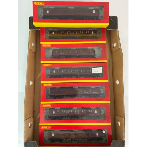 391 - HORNBY BOXED COACHES, R4234 X 3 BR EX LMS CORRIDOR FIRST CLASS, R4235 X2 3RD CLASS LMS , R4237 FULL ... 