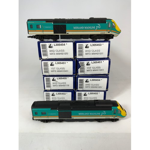 392 - MIDLAND MAINLINE, 8 X BOXED, LIMA MK3 HIGH SPEED TRAIN COACHES, PLUS HORNBY POWER CAR & DUMMY, U/B