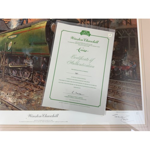 200 - FRAMED LIMITED EDITION RAILWAY PRINT, WINSTON CHURCHILL, WITH CERTIFICATE 307/ 850, SIGNED BY ARTIST