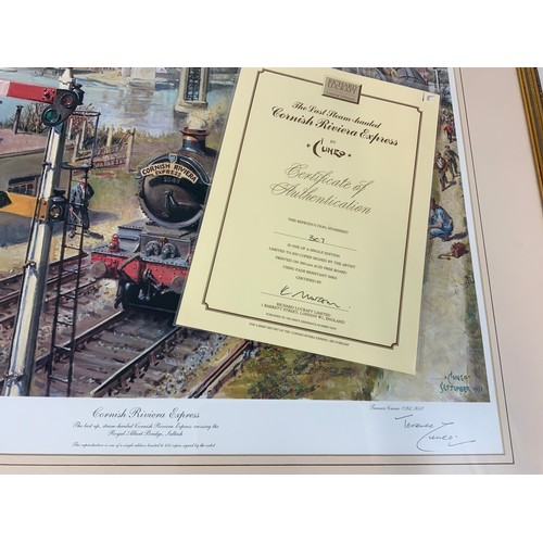 203 - FRAMED RAILWAY PRINT, TERENCE CUNEO, THE LAST STEAM HAULED CORNISH RIVIERA EXPRESS, CERTIFICATE 307 ... 