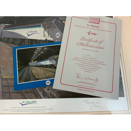 204 - FRAMED LIMITED EDITION RAILWAY PRINT, LE SHUTTLE, OFFICIAL EUROTUNNEL PICTURE, SIGNED BY ARTIST TERE... 