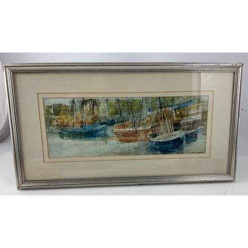 49 - WATERCOLOUR DEPICTING BOATS F DONALD BLAKE  APPROX 64x34