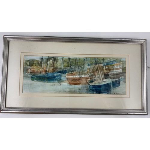 49 - WATERCOLOUR DEPICTING BOATS F DONALD BLAKE  APPROX 64x34