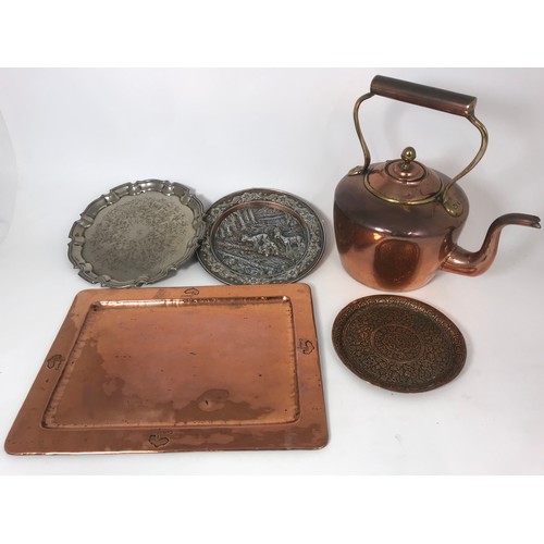 290 - COPPER CADBURY TRAY TOGETHER WITH A BEATEN COPPER INDIAN DISH 2 SALVERS  AND A COPPER KETTLE