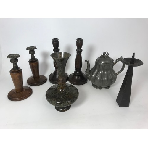 300 - MISC. ITEMS INC. ORIENTAL VASE, 2 PAIRS WOODEN CANDLESTICKS, HEAVY METAL CANDLESTICK, PEWTER TEA POT... 