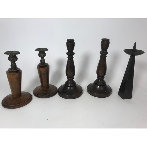 300 - MISC. ITEMS INC. ORIENTAL VASE, 2 PAIRS WOODEN CANDLESTICKS, HEAVY METAL CANDLESTICK, PEWTER TEA POT... 