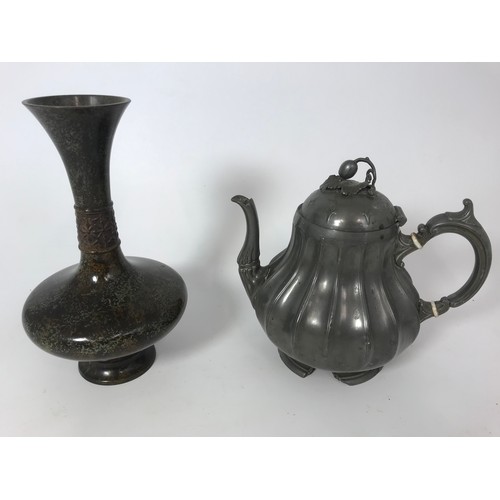 300 - MISC. ITEMS INC. ORIENTAL VASE, 2 PAIRS WOODEN CANDLESTICKS, HEAVY METAL CANDLESTICK, PEWTER TEA POT... 