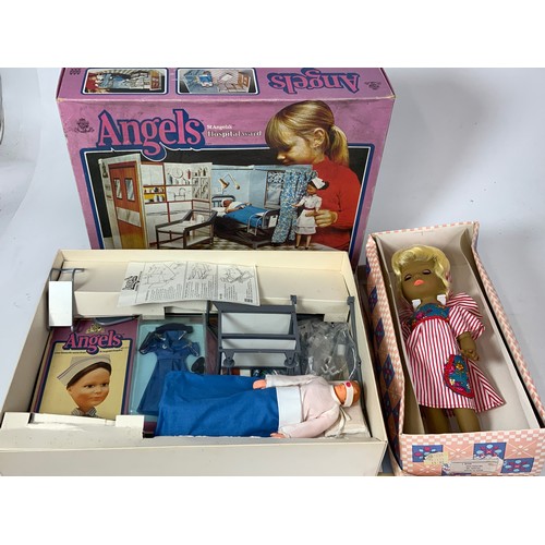 33 - VINTAGE BOXED ANGELS, ST ANGELS HOSPITAL WARD, WITH CONTENTS AS SHOWM, PLUS BOXED GERMAN GDR DOLL 60... 