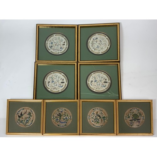 22 - 8 SQ FRAMED, CIRCULAR CHINESE SILK EMBROIDERY PANELS - AGE UNKNOWN