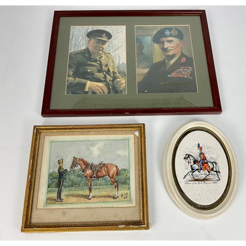 215 - WATERCOLOUR DEPICTING HUSSARS CAVALRY OFFICER, OVAL PANEL DEPICTING MOUNTED HUSSAR AND A FRAMED PRIN... 