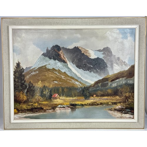 10 - LARGE OIL ON CANVAS DEPICTING AN ALPINE SCENE, APPROX. 80 X 61 cm